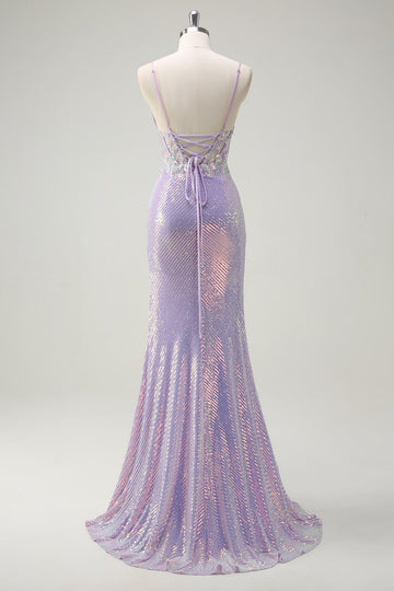 Corsetto scintillante lilla sirena Spaghetti Straps Abito da cerimonia con fessura